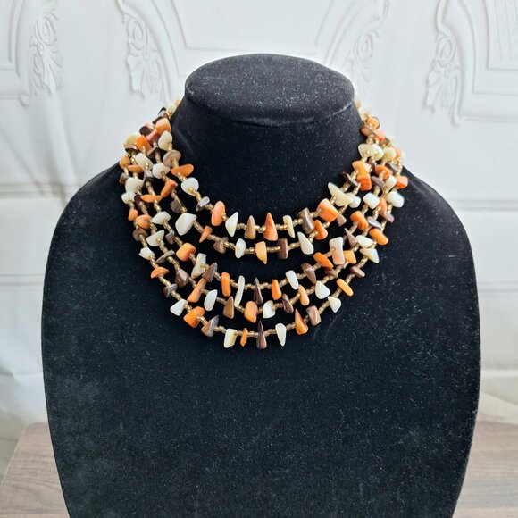 Vintage Multi Strand Stone Necklace Statement Choker - Brown Orange Cream - Picture 4 of 7